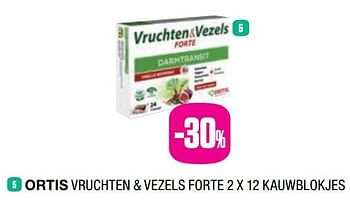 Promotions Vruchten + vezels forte 2 x 12 kauwblokjes -30% - Ortis - Valide de 25/05/2019 à 31/07/2019 chez Medi-Market