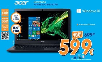 Promoties Acer notebook aspire 3 a315-53-57yz - Acer - Geldig van 27/05/2019 tot 26/06/2019 bij Krefel