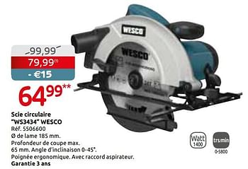 Promotions Scie circulaire ws3434 wesco - Wesco - Valide de 29/05/2019 à 10/06/2019 chez Brico