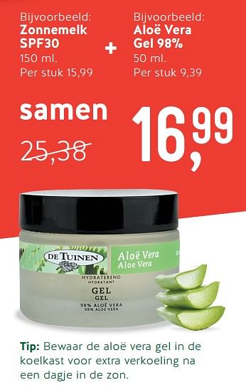 Promoties Zonnemelk spf30 + aloë vera gel 98% - De Tuinen - Geldig van 20/05/2019 tot 16/06/2019 bij Holland & Barret