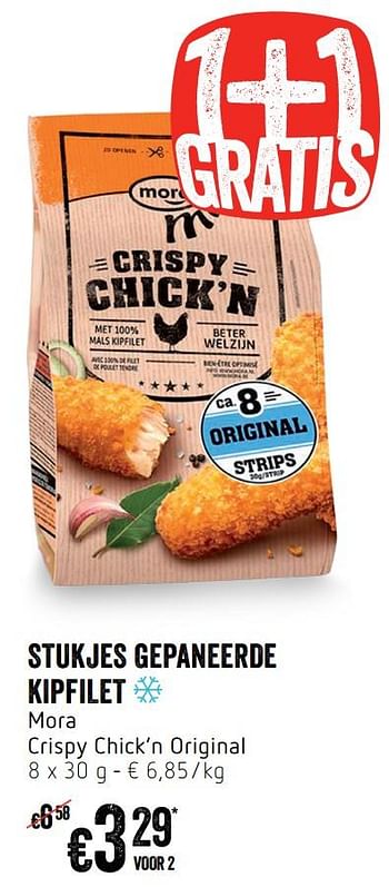 Promoties Stukjes gepaneerde kipfilet mora crispy chick`n original - Mora - Geldig van 23/05/2019 tot 29/05/2019 bij Delhaize