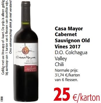 Promotions Casa mayor cabernet sauvignon old vines 2017 d.o. colchagua valley chili - Vins rouges - Valide de 22/05/2019 à 04/06/2019 chez Colruyt