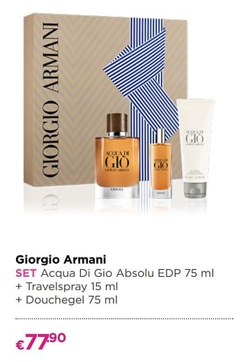 Promoties Giorgio armani set acqua di gio absolu edp + travelspray + douchegel - Armani - Geldig van 27/05/2019 tot 09/06/2019 bij ICI PARIS XL