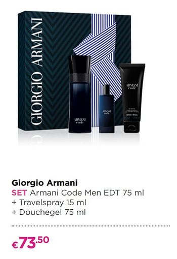 Promoties Giorgio armani set armani code men edt + travelspray + douchegel - Armani - Geldig van 27/05/2019 tot 09/06/2019 bij ICI PARIS XL