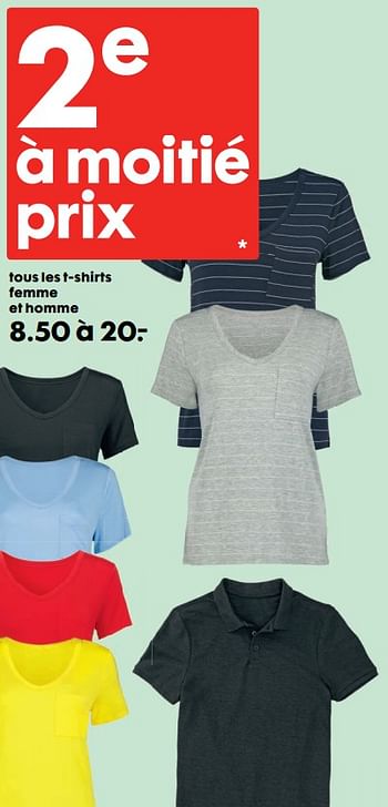 Promoties Tous les t-shirts femme et homme - Huismerk - Hema - Geldig van 22/05/2019 tot 18/06/2019 bij Hema
