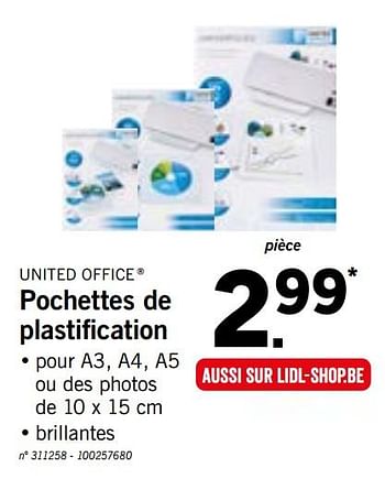 UNITED OFFICE® Pochettes de plastification, pour A3/A4…
