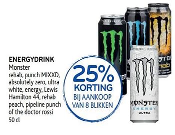 Promoties 25% korting bij aankoop van 8 blikken energydrink monster rehab, punch mixxd - Monster - Geldig van 04/06/2019 tot 18/06/2019 bij Alvo