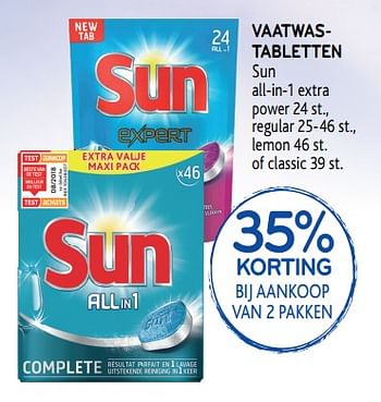 Promoties 35% korting bij aankoop van 2 pakken vaatwastabletten sun all-in-1 extra power - Sun - Geldig van 04/06/2019 tot 18/06/2019 bij Alvo