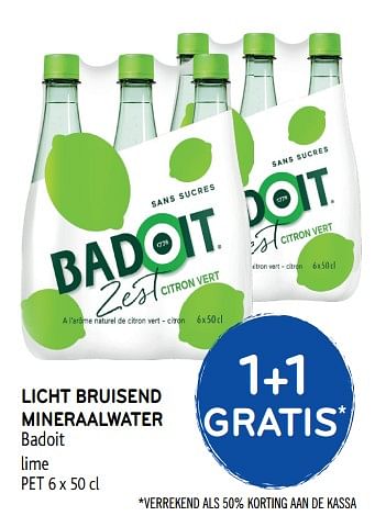 Promoties 1+1 gratis licht bruisend mineraalwater badoit lime - Badoit - Geldig van 04/06/2019 tot 18/06/2019 bij Alvo