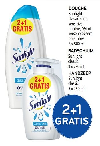 Promoties 2+1 gratis douche sunlight classic care, sensitive, nutrive, 0% of kersenbloesem braambes - Sunlight - Geldig van 04/06/2019 tot 18/06/2019 bij Alvo