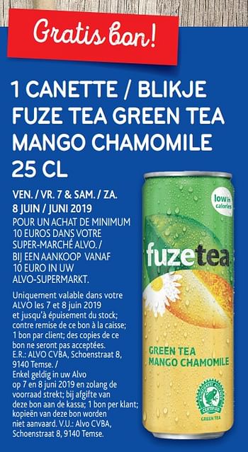 Promotions 1 canette fuze tea green tea mango chamomile - FuzeTea - Valide de 04/06/2019 à 18/06/2019 chez Alvo