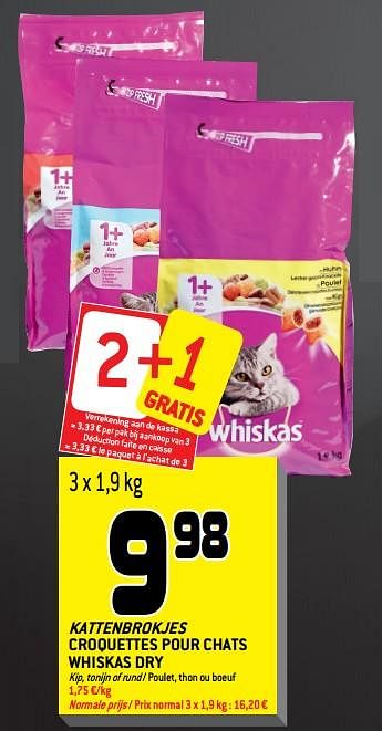 Promotions Kattenbrokjes croquettes pour chats whiskas dry - Whiskas - Valide de 05/06/2019 à 18/06/2019 chez Match