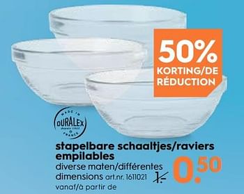 Promoties Stapelbare schaaltjes-raviers empilables - Duralex - Geldig van 29/05/2019 tot 11/06/2019 bij Blokker