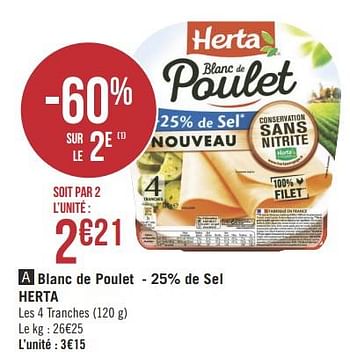 Promotions Blanc de poulet - 25% de sel herta - Herta - Valide de 04/06/2016 à 16/06/2019 chez Géant Casino