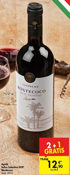 Promoties Apulië salice salentino dop montecoco rood, 2016 - Rode wijnen - Geldig van 05/06/2019 tot 17/06/2019 bij Carrefour