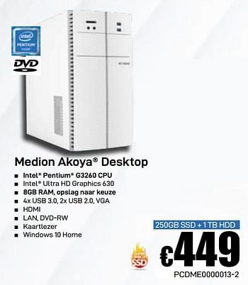 Promoties Medion akoya desktop 250gb ssd + 1 tb hdd - Medion - Geldig van 03/06/2019 tot 30/06/2019 bij Compudeals
