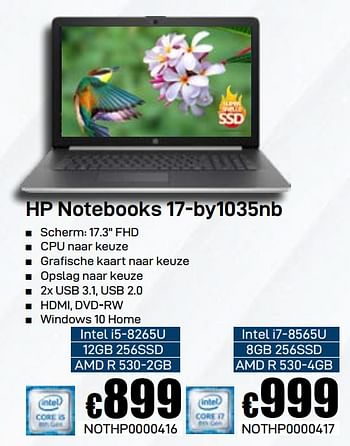 Promoties Hp notebooks 17-by1035nb intel i5-8265u 12gb 256ssd amd r 530-2gb - HP - Geldig van 03/06/2019 tot 30/06/2019 bij Compudeals