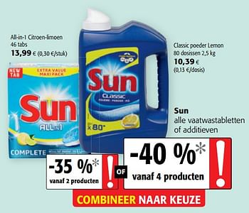 Promoties Sun alle vaatwastabletten of additieven - Sun - Geldig van 05/06/2019 tot 18/06/2019 bij Colruyt