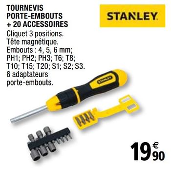 Promoties Tournevis porte-embouts + 20 accessoires - Stanley - Geldig van 01/04/2019 tot 31/12/2019 bij Brico Depot