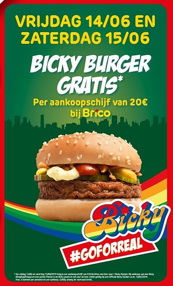 Promoties Bicky burger gratis per aankoopschijf van 20€ bij brico - Huismerk - Brico - Geldig van 14/06/2019 tot 15/06/2019 bij Brico