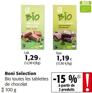 Chocolat noir bio aux éclats de noisettes - Boni Bio - 100 g