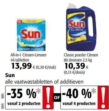 Promoties Sun alle vaatwastabletten of additieven - Sun - Geldig van 05/06/2019 tot 18/06/2019 bij Colruyt