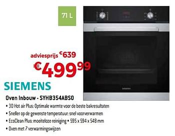 Promoties Siemens oven inbouw - syhb354abs0 - Siemens - Geldig van 01/06/2019 tot 30/06/2019 bij Exellent