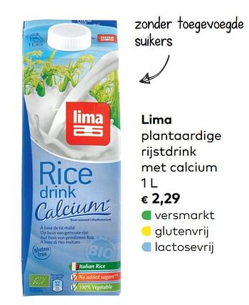 Promotions Lima plantaardige rijstdrink met calcium - Lima - Valide de 05/06/2019 à 02/07/2019 chez Bioplanet