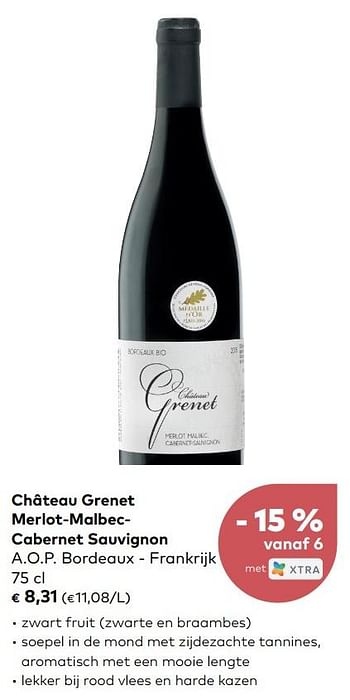 Promoties Château grenet merlot-malbeccabernet sauvignon a.o.p. bordeaux - Rode wijnen - Geldig van 05/06/2019 tot 02/07/2019 bij Bioplanet