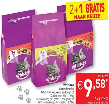 Promoties Whiskas kattenbrokjes adult met kip, rund en tonijn of énior kip - Whiskas - Geldig van 11/06/2019 tot 16/06/2019 bij Intermarche