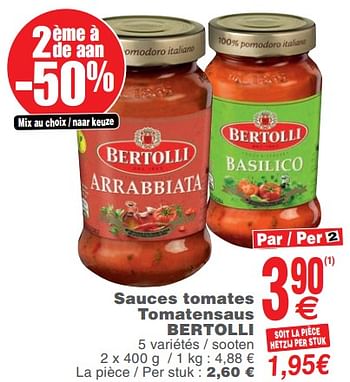 Promoties Sauces tomates tomatensaus bertolli - Bertolli - Geldig van 11/06/2019 tot 17/06/2019 bij Cora