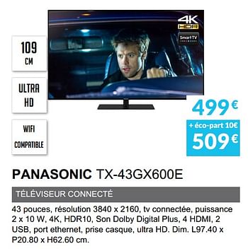 Promoties Panasonic tx-43gx600e - Panasonic - Geldig van 01/06/2019 tot 30/09/2019 bij Copra