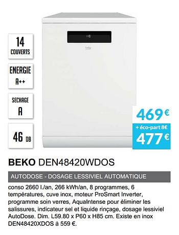 Promotions Lave-vaisselle beko den48420wdos - Beko - Valide de 03/06/2019 à 30/09/2019 chez Copra