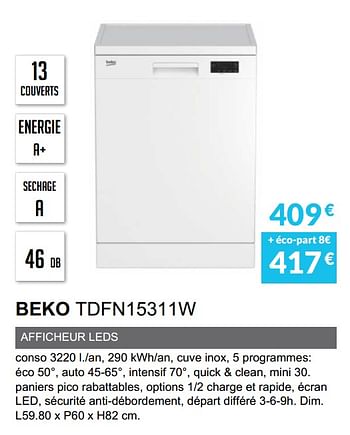 Promoties Lave-vaisselle beko tdfn15311w - Beko - Geldig van 03/06/2019 tot 30/09/2019 bij Copra
