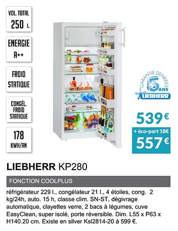 Promotions Rèfrigèrateur 1 porte liebherr kp280 - Liebherr - Valide de 03/06/2019 à 30/09/2019 chez Copra