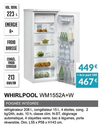 Promoties Rèfrigèrateur 1 porte whirlpool wm1552a+w - Whirlpool - Geldig van 03/06/2019 tot 30/09/2019 bij Copra