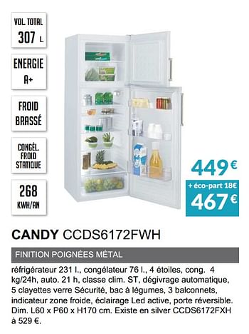 Promoties Rèfrigèrateur 2 portes candy ccds6172fwh - Candy - Geldig van 03/06/2019 tot 30/09/2019 bij Copra