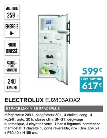 Promotions Rèfrigèrateur 2 portes electrolux ej2803aox2 - Electrolux - Valide de 03/06/2019 à 30/09/2019 chez Copra