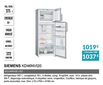 Promoties Rèfrigèrateur 2 portes siemens kd46nvi20 - Siemens - Geldig van 03/06/2019 tot 30/09/2019 bij Copra