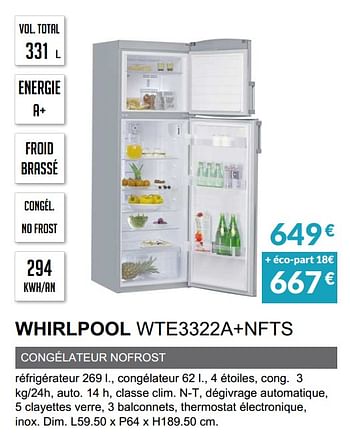 Promoties Rèfrigèrateur 2 portes whirlpool wte3322a+nfts - Whirlpool - Geldig van 03/06/2019 tot 30/09/2019 bij Copra