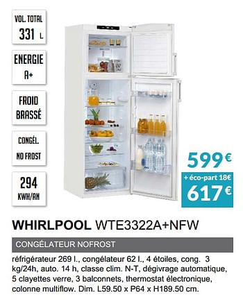 Promoties Rèfrigèrateur 2 portes whirlpool wte3322a+nfw - Whirlpool - Geldig van 03/06/2019 tot 30/09/2019 bij Copra