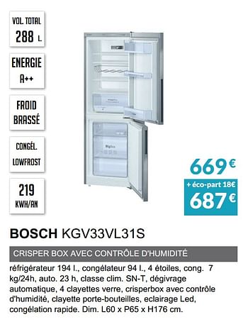 Promotions Rèfrigèrateur combinè bosch kgv33vl31s - Bosch - Valide de 03/06/2019 à 30/09/2019 chez Copra