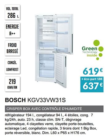 Promoties Rèfrigèrateur combinè bosch kgv33vw31s - Bosch - Geldig van 03/06/2019 tot 30/09/2019 bij Copra
