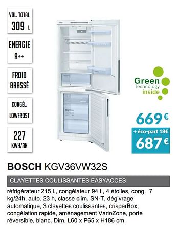 Promoties Rèfrigèrateur combinè bosch kgv36vw32s - Bosch - Geldig van 03/06/2019 tot 30/09/2019 bij Copra