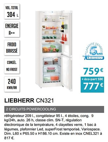 Promoties Rèfrigèrateur combinè liebherr cn321 - Liebherr - Geldig van 03/06/2019 tot 30/09/2019 bij Copra