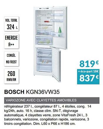 Promotions Rèfrigèrateur combinè bosch kgn36vw35 - Bosch - Valide de 03/06/2019 à 30/09/2019 chez Copra