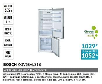 Promoties Refrigèrateur combinè bosch kgv58vl31s - Bosch - Geldig van 03/06/2019 tot 30/09/2019 bij Copra