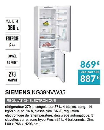 Promotions Rèfrigèrateur combinè siemens kg39nvw35 - Siemens - Valide de 03/06/2019 à 30/09/2019 chez Copra
