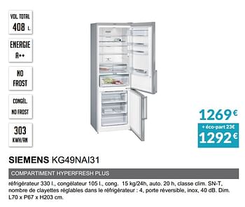 Promotions Refrigèrateur combinè siemens kg49nai31 - Siemens - Valide de 03/06/2019 à 30/09/2019 chez Copra