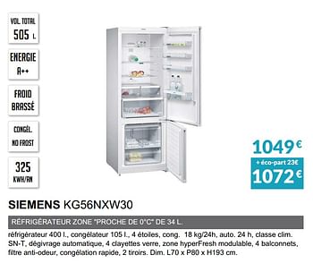 Promotions Refrigèrateur combinè siemens kg56nxw30 - Siemens - Valide de 03/06/2019 à 30/09/2019 chez Copra